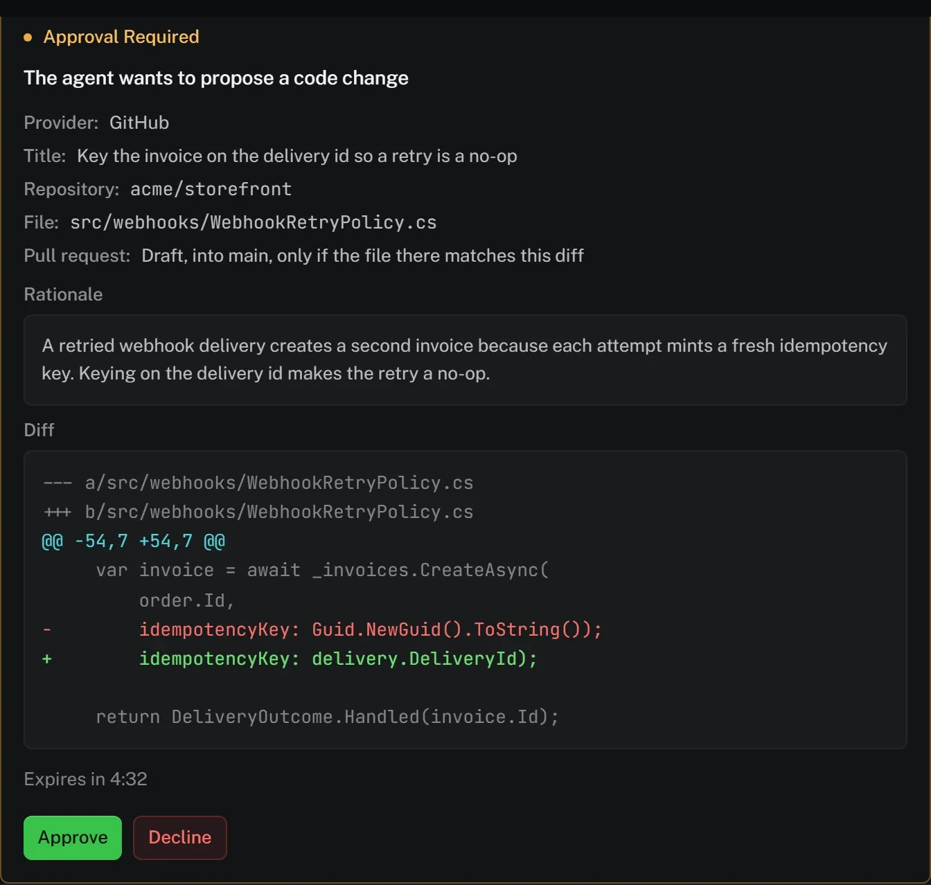 Screenshot of A proposed change, as a diff. A suggested fix arrives as a patch you read line by line before it goes anywhere, and Codepanion never merges anything on your behalf.