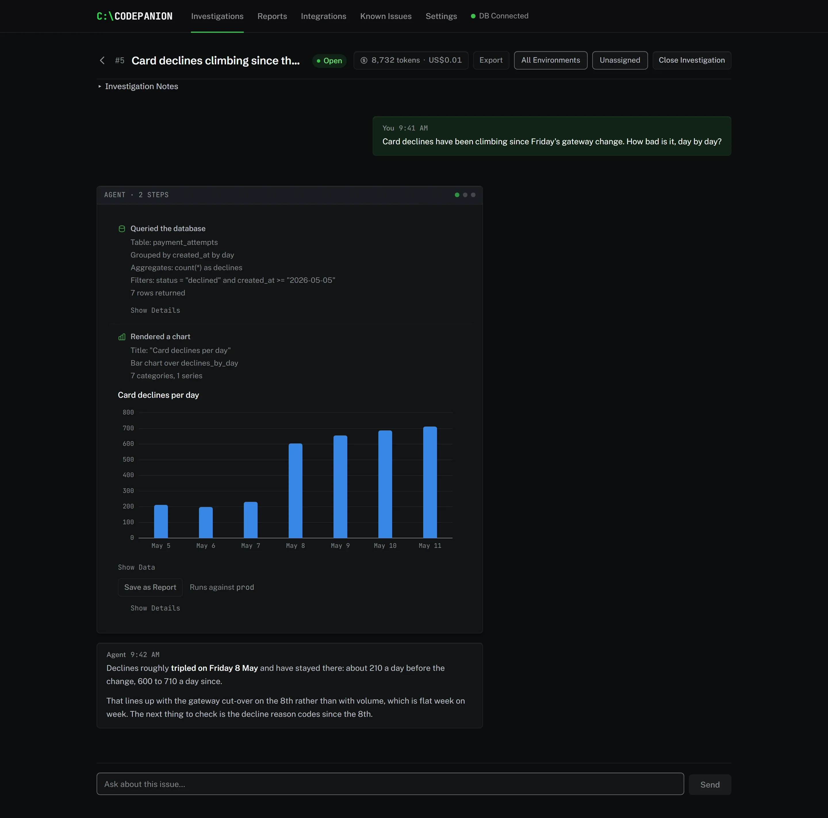 Screenshot of A chart drawn from a query. Ask for it by day and the agent groups in the query, then draws the result in your browser. The rows never enter the conversation; the chart does.