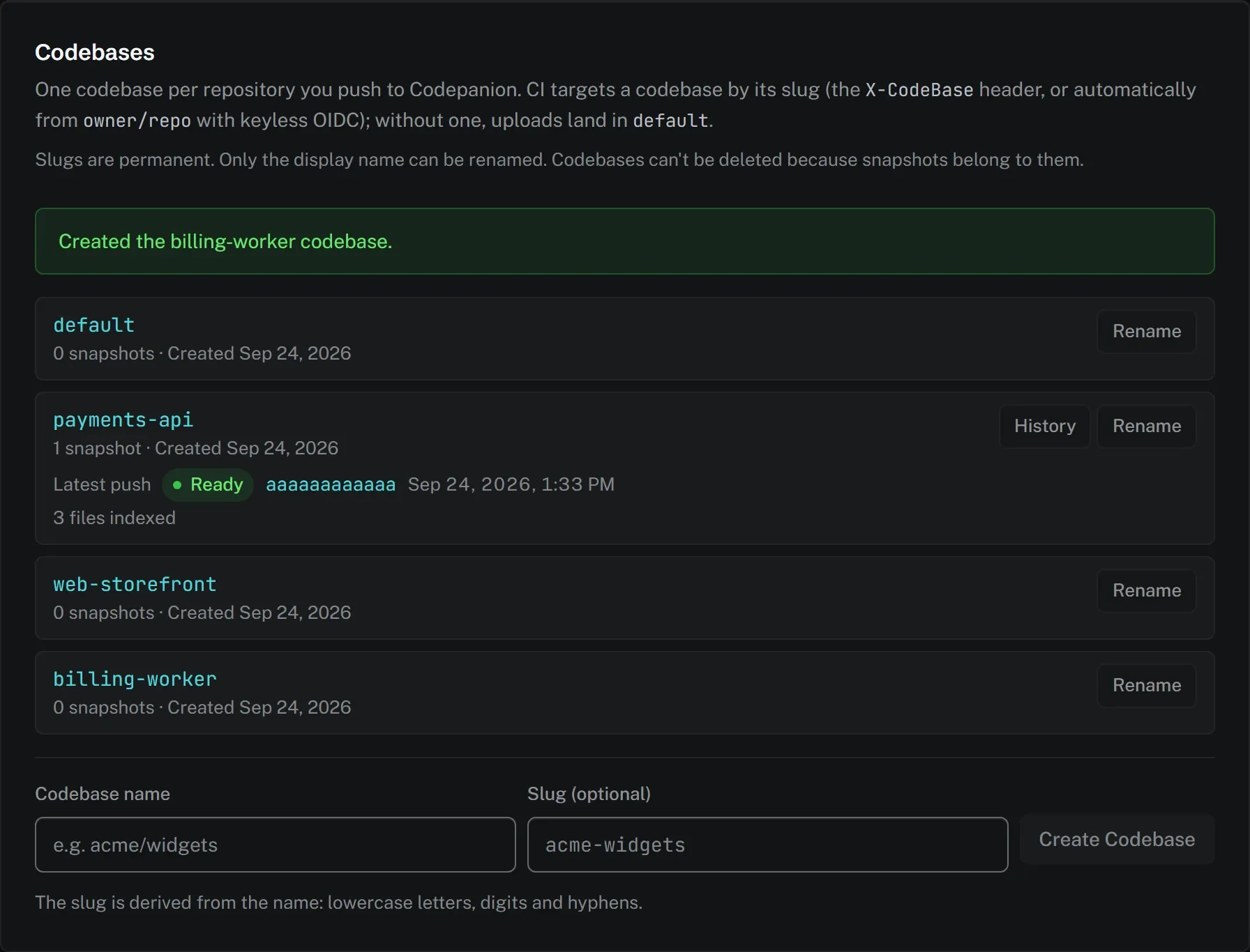 Screenshot of One codebase per repository. Push as many repositories as you like. CI targets a codebase by its slug, and the agent searches across all of them unless you name one.