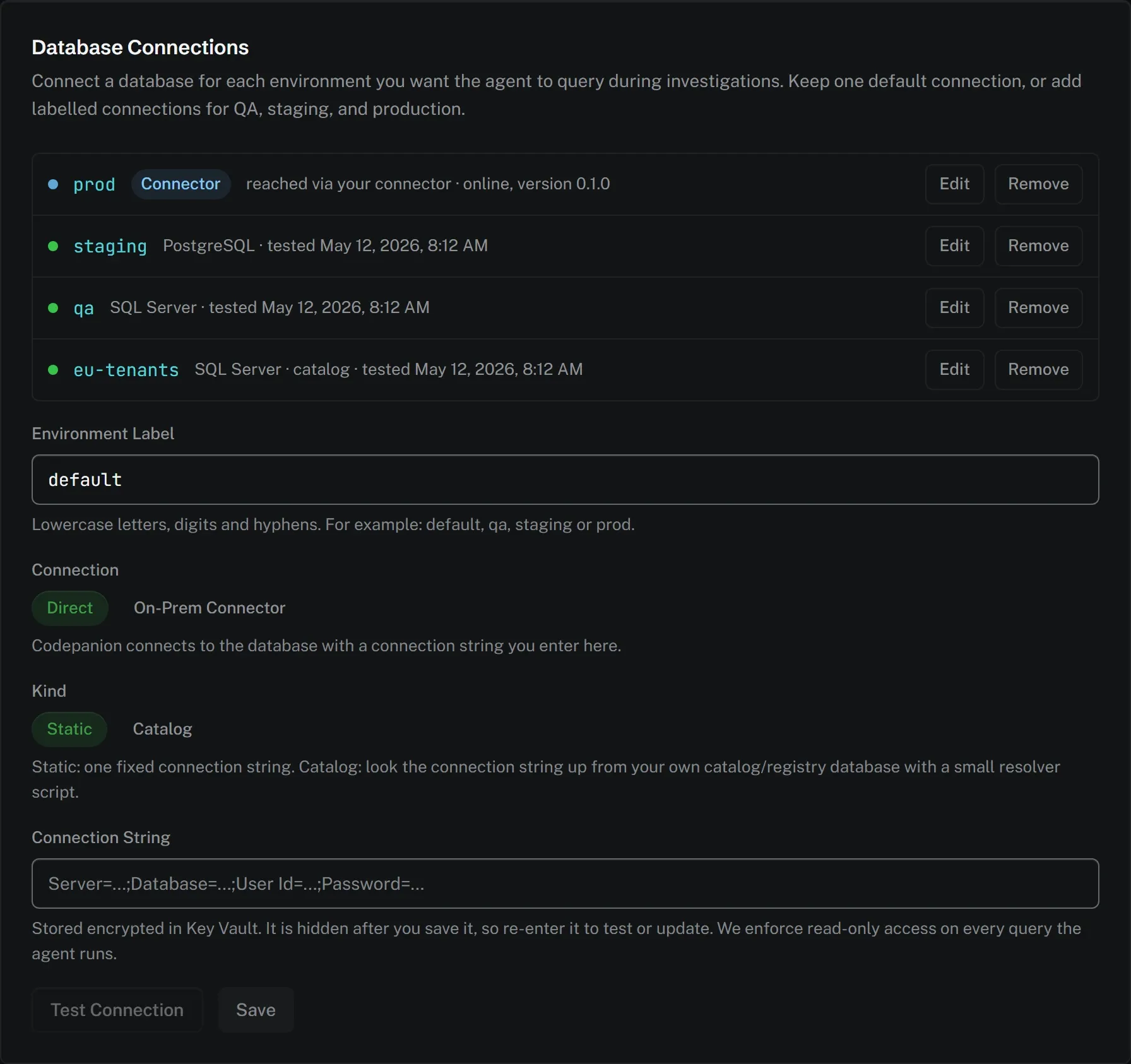 Screenshot of One database connection per environment. Settings → Database Connections. Every connection is filed under an environment label and shows its provider and the last time it tested green.