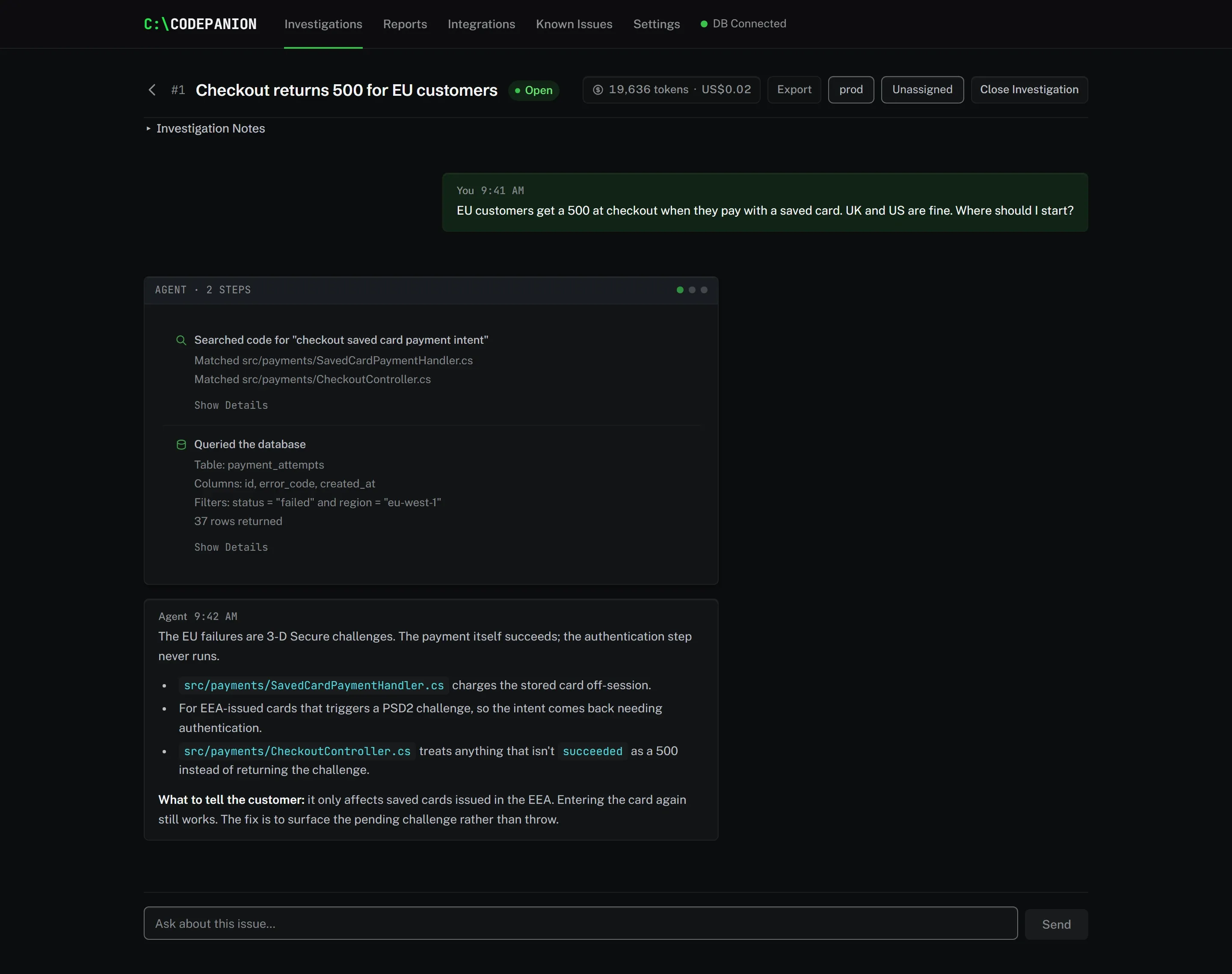 Screenshot of An answer, with its working shown. The agent answers in plain English and shows every step it took to get there: the code it searched, the query it ran, and the rows that came back.