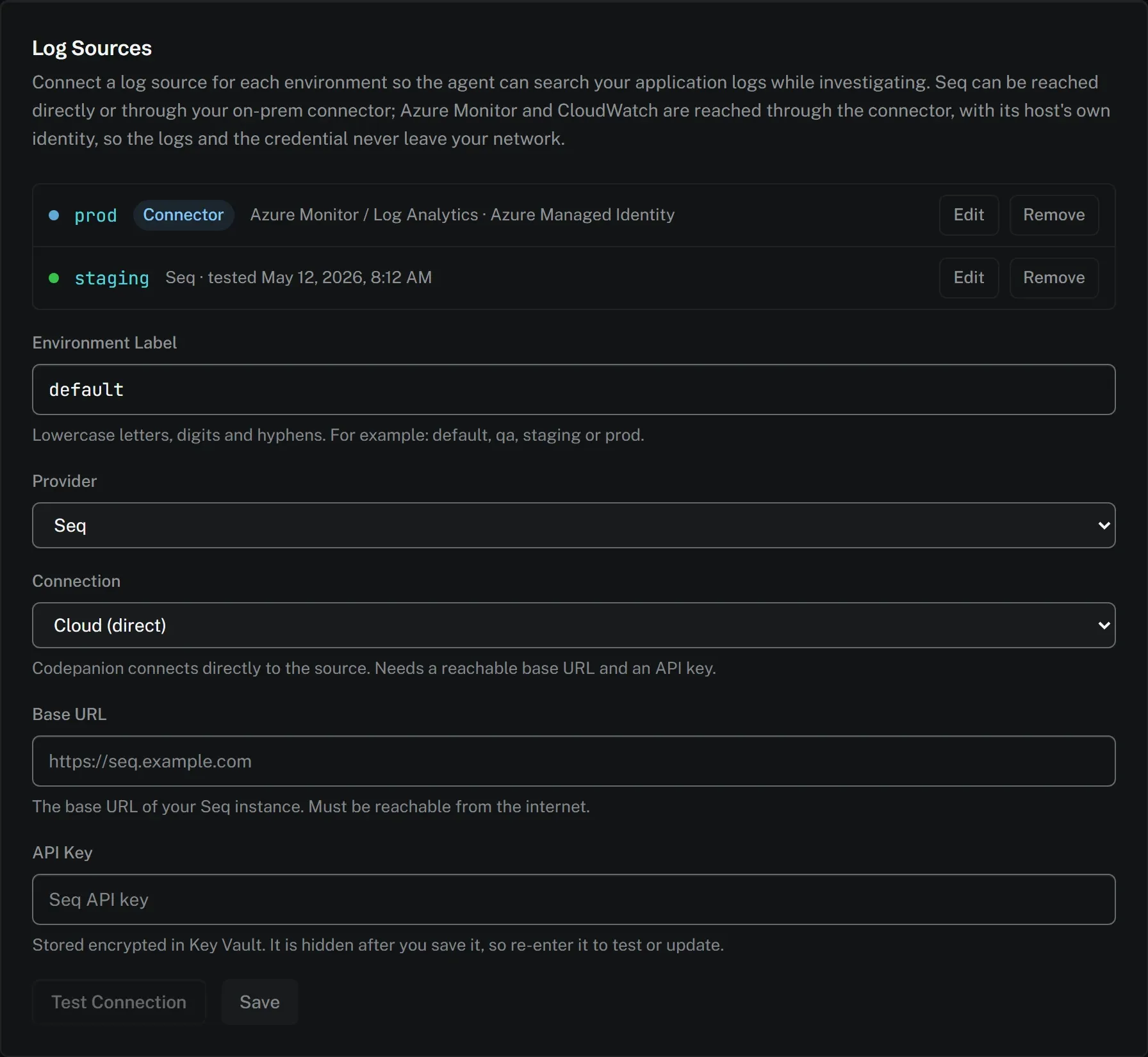 Screenshot of Logs, per environment. Settings → Log Sources: an environment label, the provider, how we reach it, and the credential. Sources already connected are listed above the form with their last successful test.