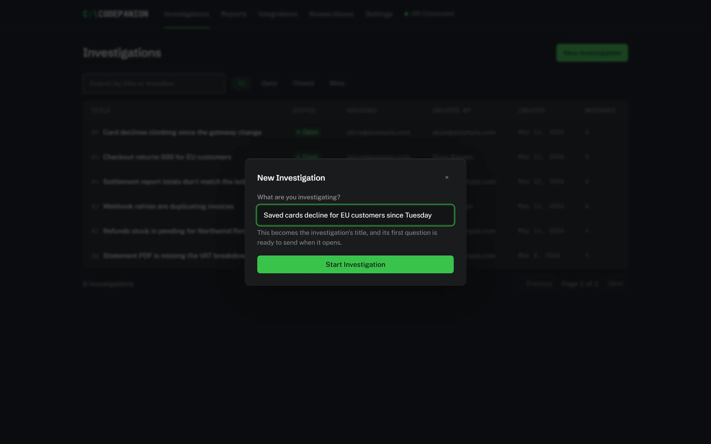 Screenshot of Starting an investigation. An investigation starts with the question you'd ask a colleague. Describe the customer's symptom and the agent takes it from there.